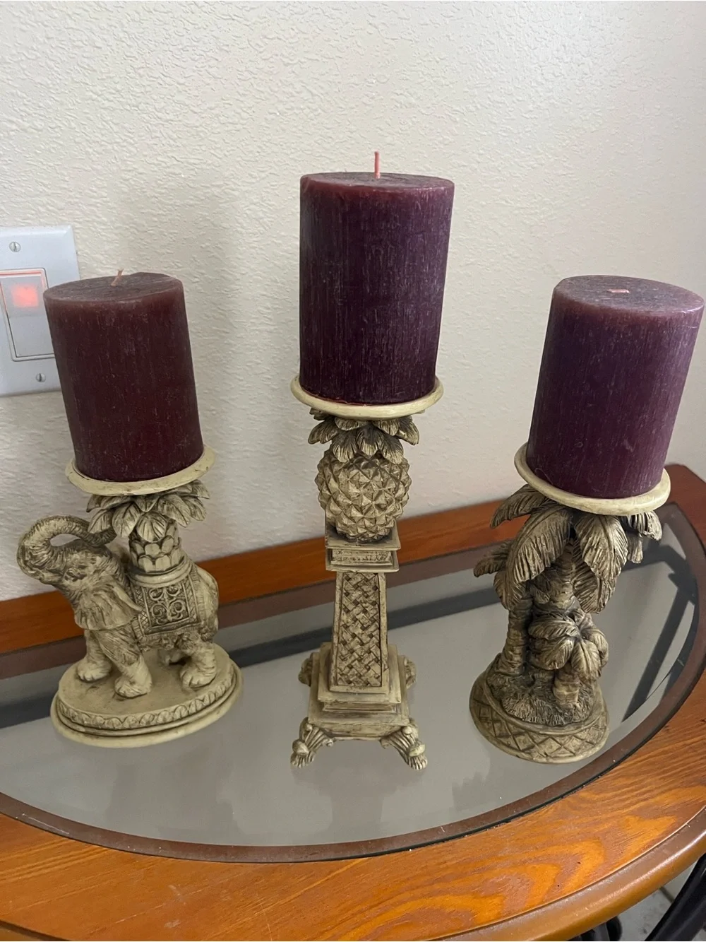 Pier 1 Burgundy Pillar Candles with Antique Ivory Decorative Holders